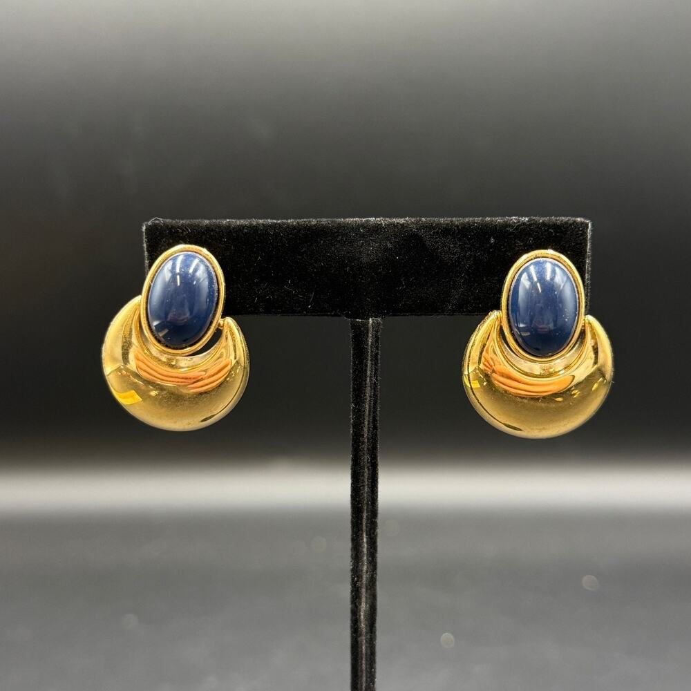 Vintage Monet Blue Cabochon Earrings Gold Tone Door Knocker Studs